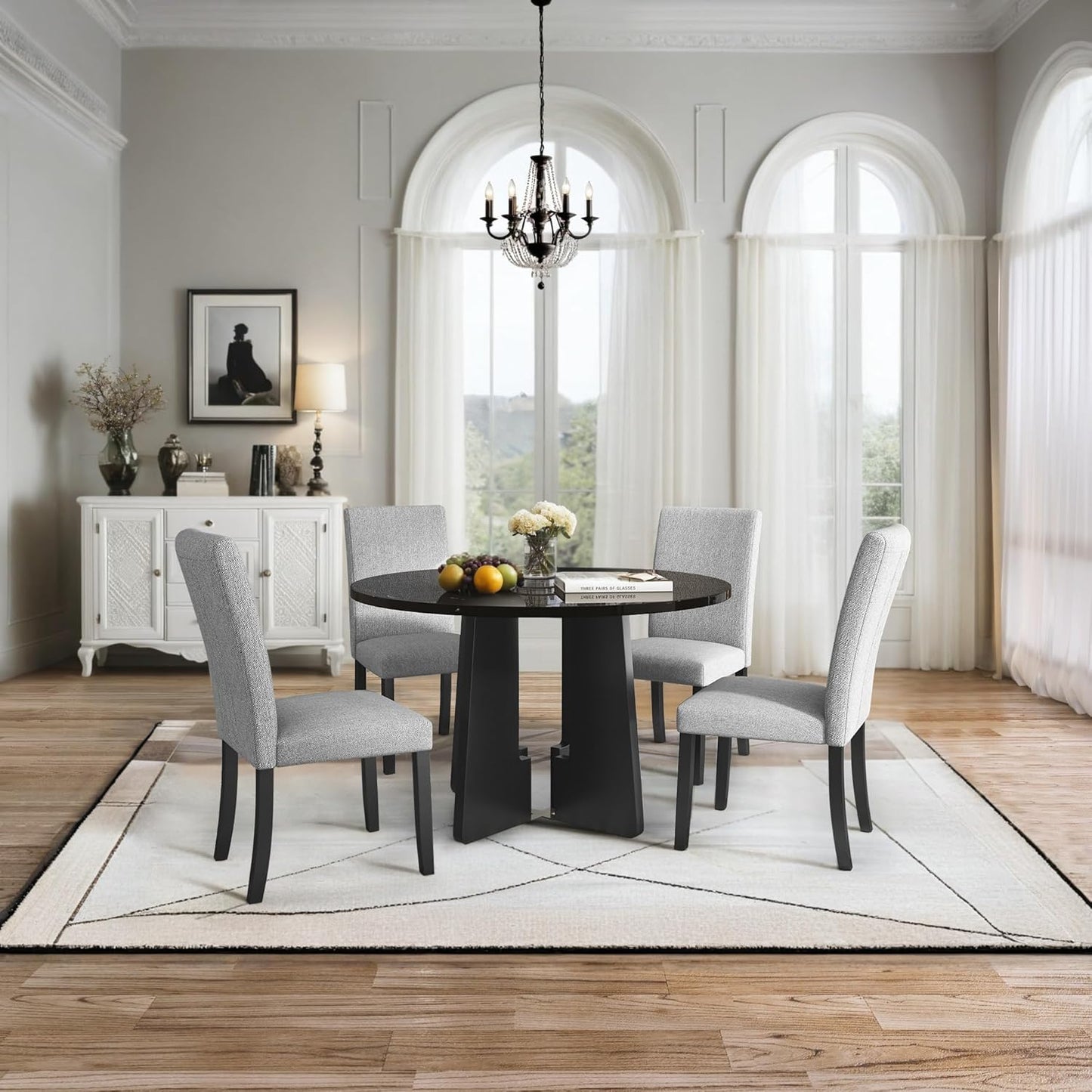 Ball & Cast Dining Table Set for 4,5-Piece Kitchen Table Set W/ 43" Round Faux Marble Bar Table,Living Room Furniture W/ 4 Linen Upholstered Chairs,for Dining Room,Kitchen,Restaurant,Grey+Black