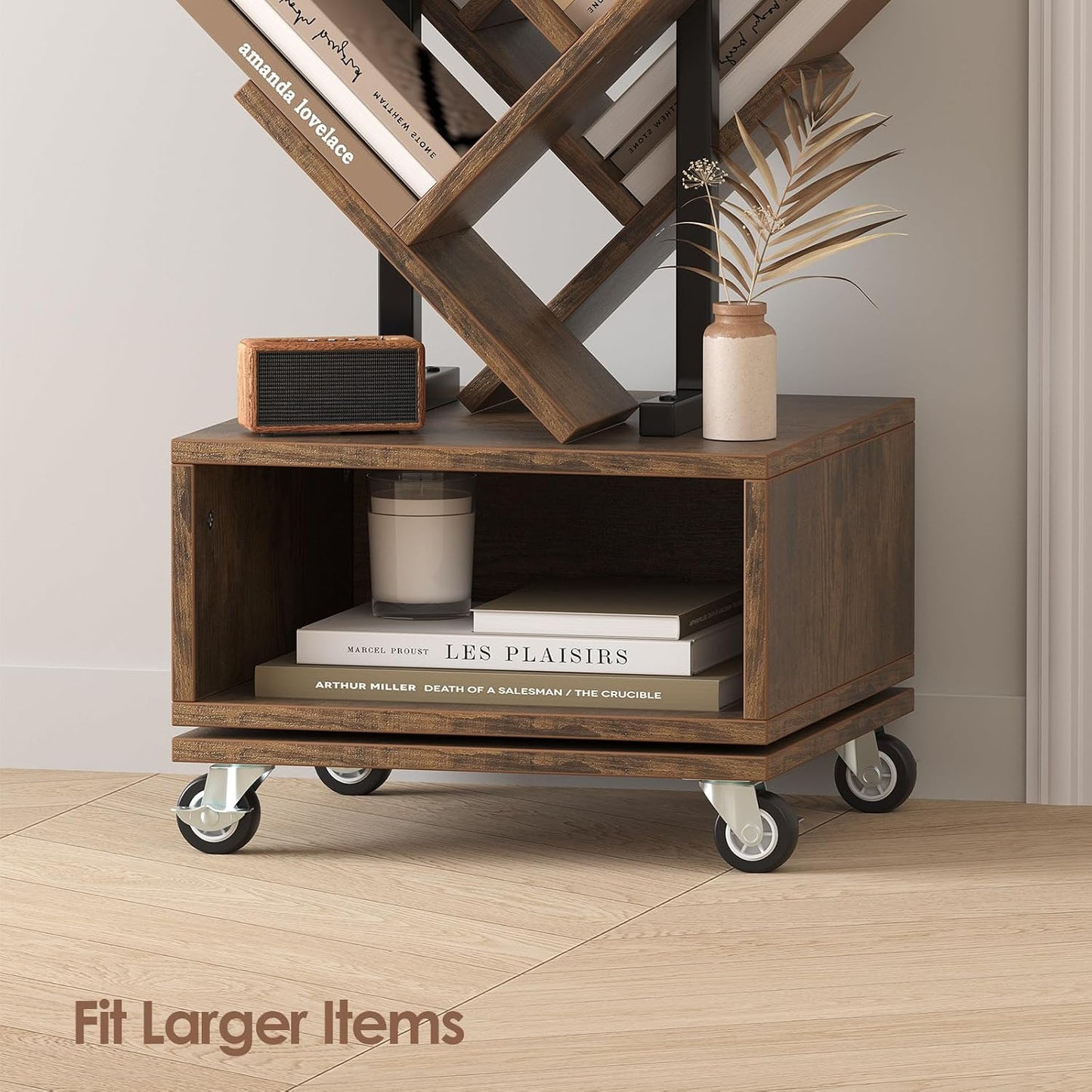 49" Rotating Tree Bookshelf, 7 Tier Double Sided Shelf, Wood Corner Bookshelf with Wheels, 360 Display Spinning Bookcase Storage Rack, Ideal for Small Rooms, Easy Assembly, Rustic Brown