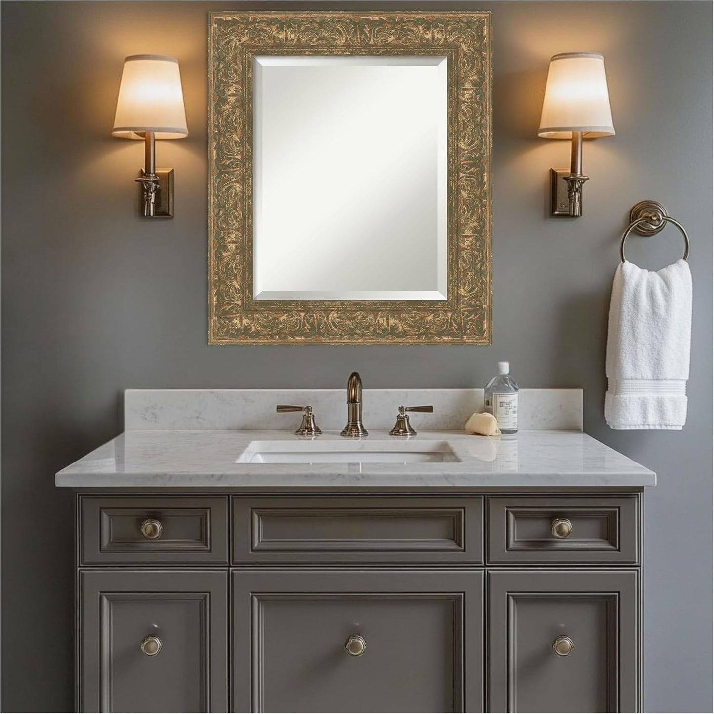 Amanti Art Bronze Bathroom Mirror for Over Sink, 27x23 Luxe Bronze Gold Rectangle Vanity Mirror, Small Traditional Frame, Hangs Horizonally and Vertically, Bathroom Wall Decor, Beveled Edge