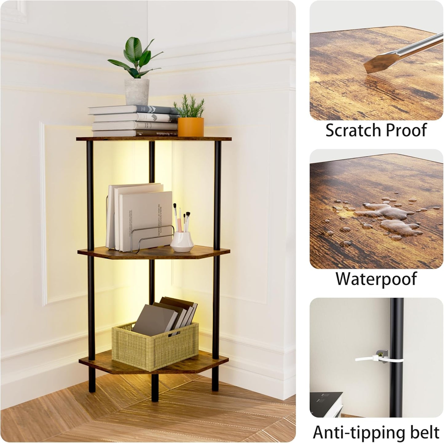 Corner Shelf Stand, Storage Standing Shelf Unit with Metal Frame, Narrow Bookshelf with LED Light Brown Plant Display Stand, Multi Unit Organizer Corner Cabinet for Bedroom, Living Room (3 Tier)