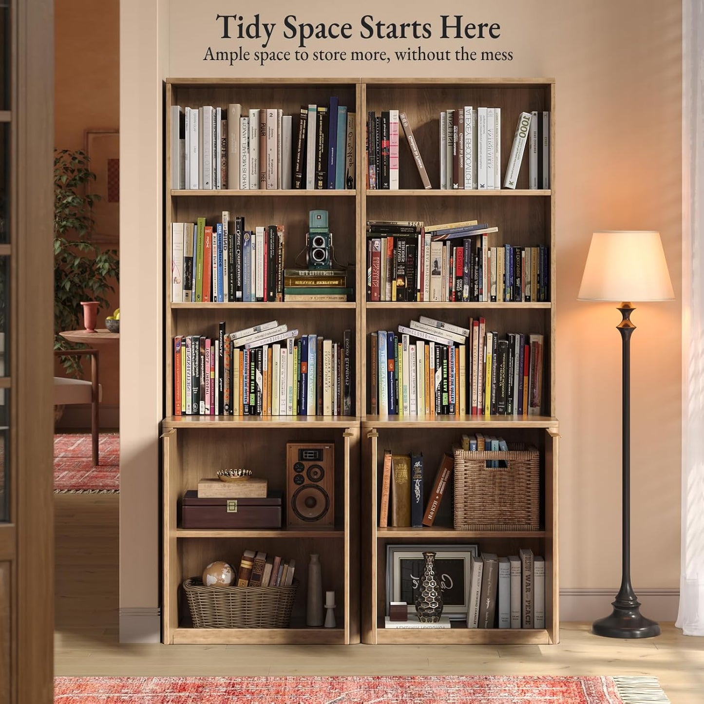 71" Oak Bookcase with Doors, 5-Tier Fluted Tall Bookshelf with Storage, Librero with Cabinet for Home Office, Living Room,or Bedroom