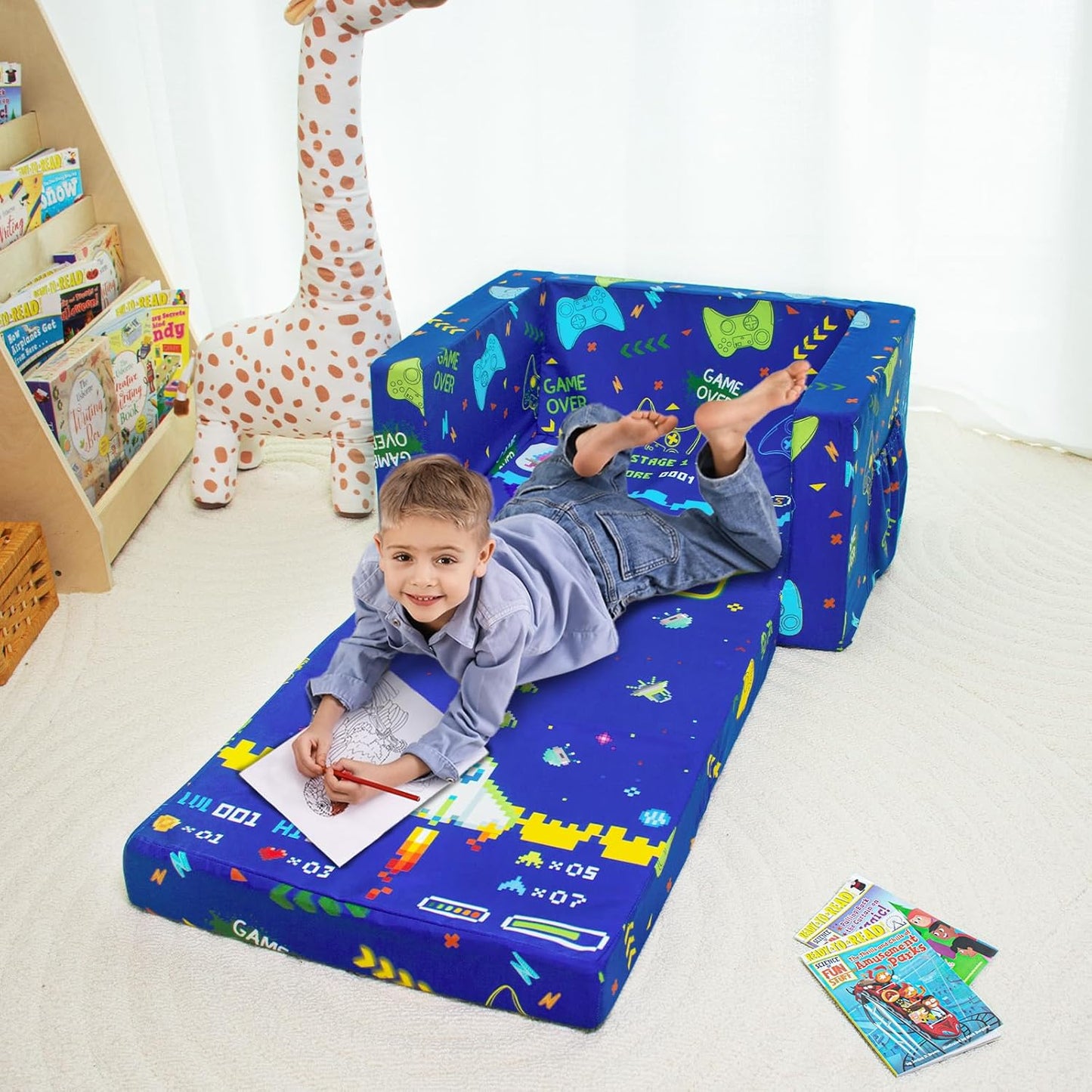 Kids Couch, 2-in-1 Kid Fold Out Couch, Convertible Kids Sofa to Lounger for Girls and Boys, Soft Toddler Chairs Comfy 1-3 Years Old(Gamepad)