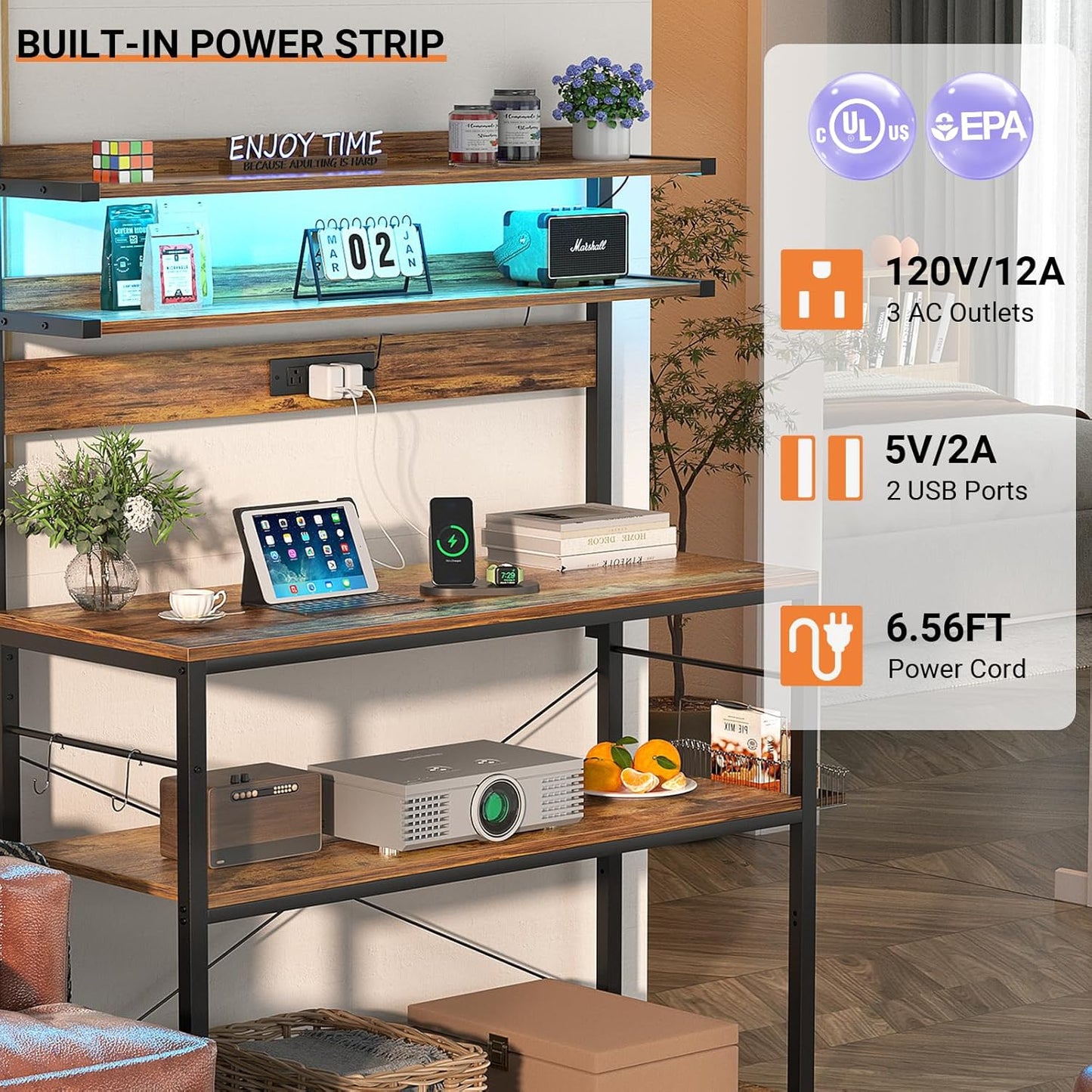 Aheaplus Bakers Rack with Power Outlet, Microwave Stand, 5 Tiers Coffee Bar Station with Led Lights, Kitchen Storage Shelf with 6 S-Shaped Hooks, Kitchen Rack Coffee Bar Stand, Rustic Brown