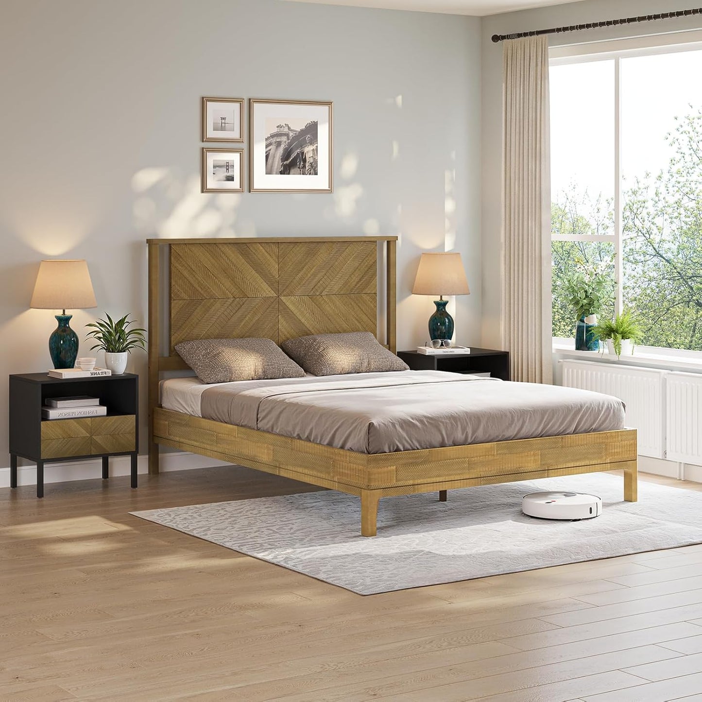 Bme Vivian 14 Inch Deluxe Bed Frame with Headboard, Rustic & Scandinavian Style with Solid Acacia Wood, No Box Spring Needed, 12 Strong Wood Slat Support, Easy Assembly, Queen, Rustic Seadrift