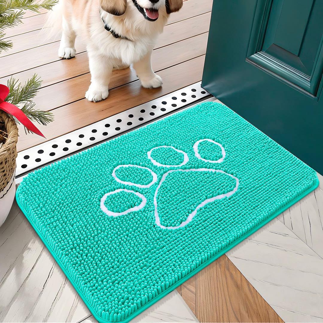 OLANLY Door Mat for Muddy Dog Paws 24x16, Ultra Absorbent Chenille Mud Doormat with Paw Print Design, Non-Slip Washable Doormat for Indoor Entryway, Quick-Dry Pet Bed Mats for Dirty Dogs, Teal