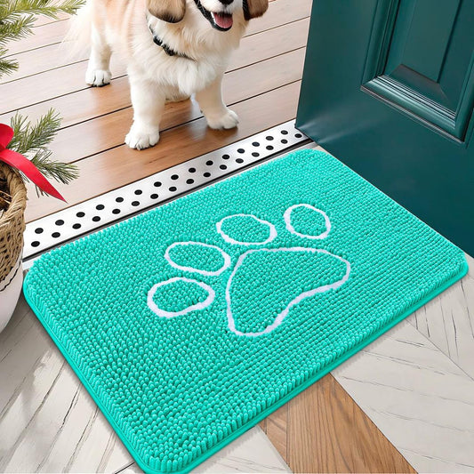 OLANLY Door Mat for Muddy Dog Paws 24x16, Ultra Absorbent Chenille Mud Doormat with Paw Print Design, Non-Slip Washable Doormat for Indoor Entryway, Quick-Dry Pet Bed Mats for Dirty Dogs, Teal