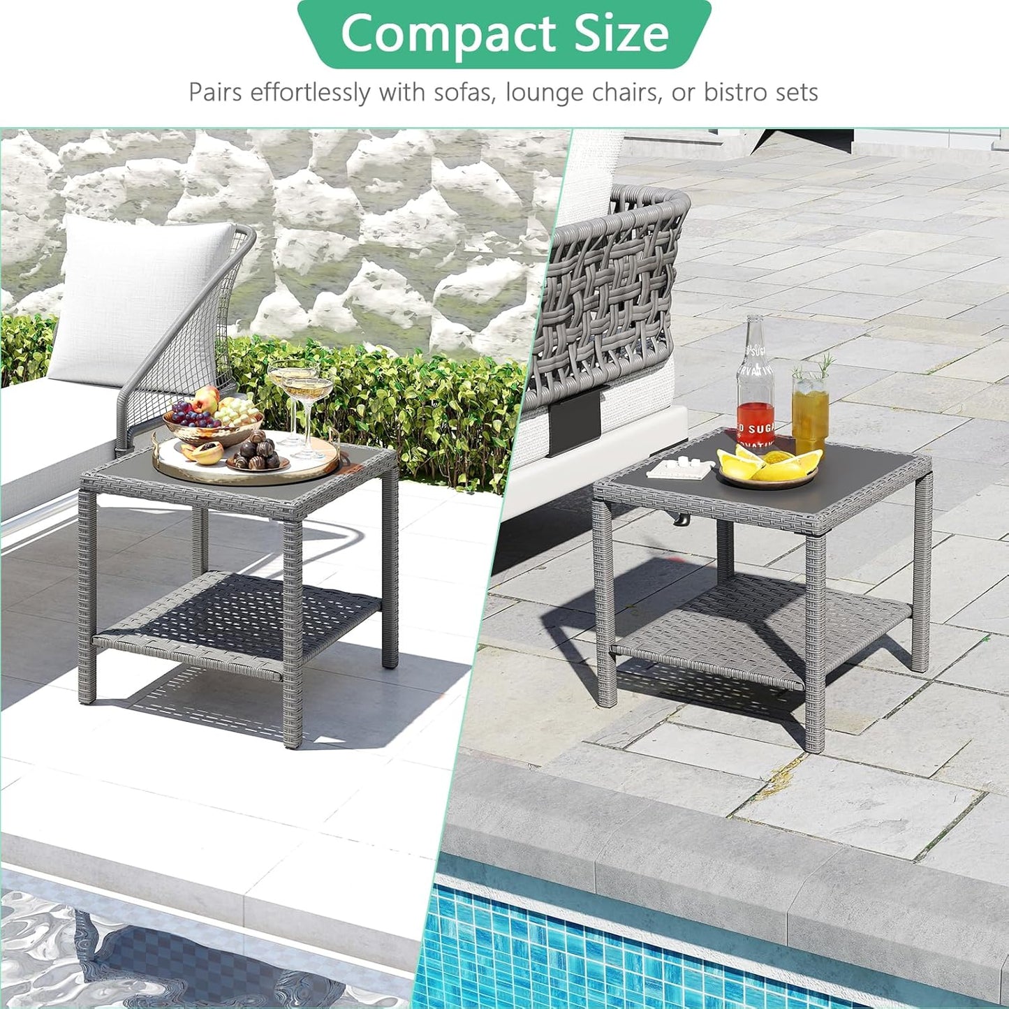 Helios&Hestia Square All Weather Rattan Wicker Outdoor Coffee Side End Table with Glass Top for Patio, Deck, Backyard, Garden, Grey