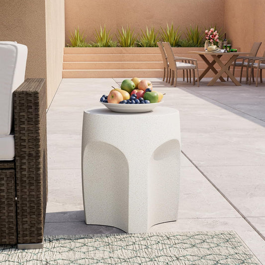 COSIEST Concrete Side Table Drum Shape,17''H Outdoor Side Table, Patio Accent Table Cement End Tables, Garden Decorative Stool, Plant Stand Drum Table, Spotted White