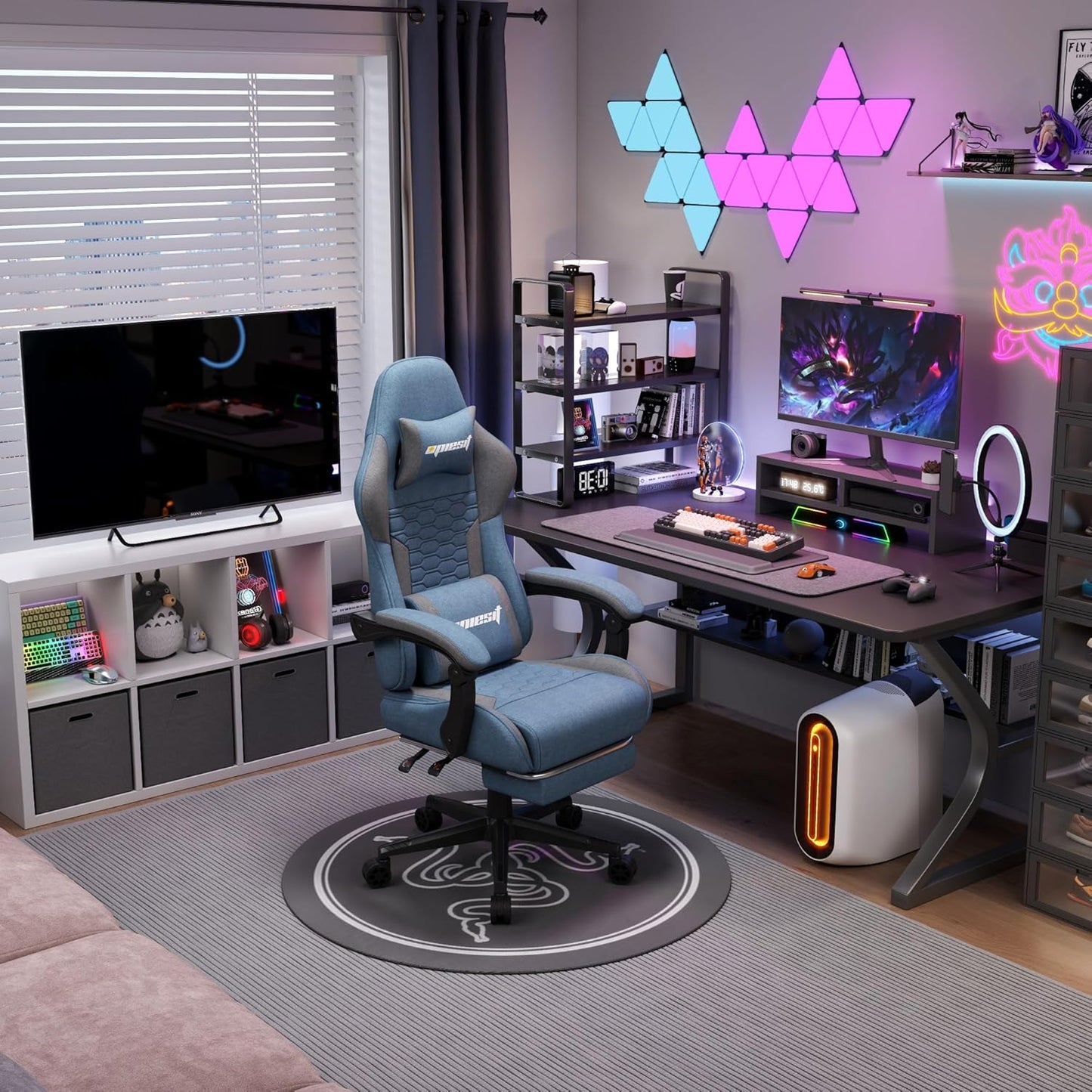 Gaming Chair, Computer Chairs for Adults with Lumbar Support and Massager, Comfortable Gamer Chair with Footrest & Pocket Spring Cushion, Ergonomic Home Office Chair, Blue, Fabric