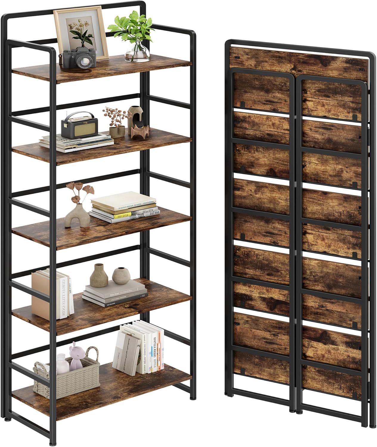 No Assembly Folding Bookshelf, 5 Tiers Collapsible Book Shelf for Home Office, Vintage Wood Foldable Bookcase Storage Organizer for Living Room Bedroom (Rustic Brown)