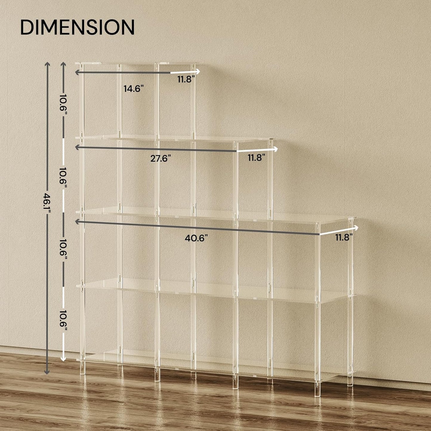 5-Tier Acrylic Bookshelf, 9 Cube Bookcase, Clear Open Stepped Book Shelf for Home Office, Living Room, Bedroom, Easy Assembly, 11.8" D x 40.6" W x 46.1" H