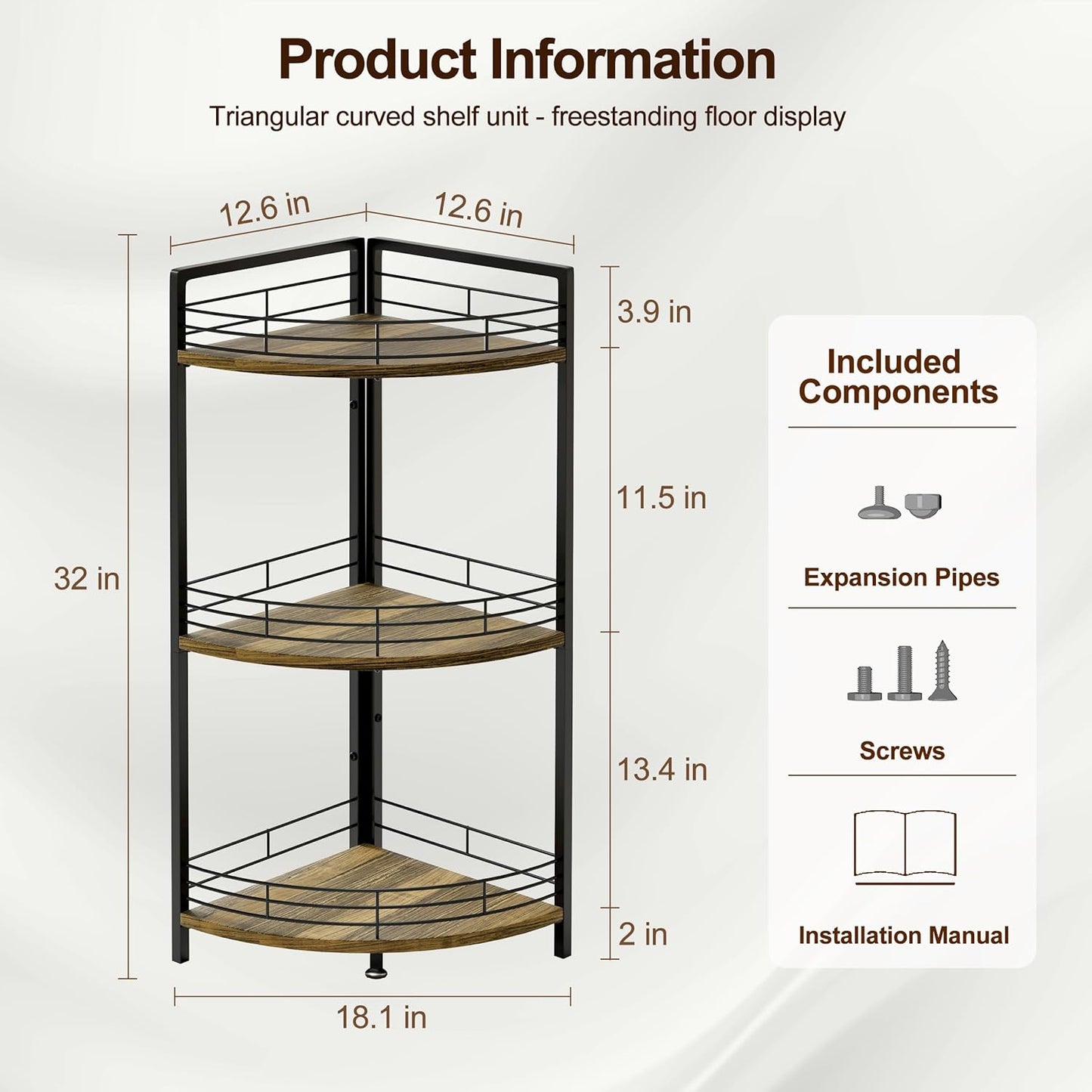 Bathroom Corner Shelf Stand, 3-Tier Small Corner Shelves, Triangular Curved Standing Bathroom Shelf Unit for Small Spaces, Ideal for Kitchen, Vanity Storage and Organization - Brown