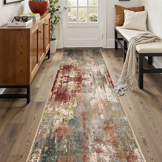 Washable Area Rugs 2'x10' Non-Slip Modern Abstract Soft for Living Room Entryway Bedroom Nursery, Print Pattern, Brown Rust Red Multi