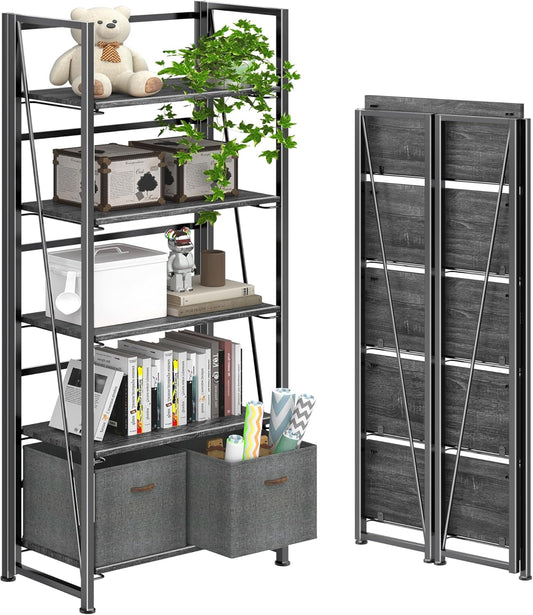 4NM No Assembly Folding Bookshelf, 5-Shelf 62.2" H Collapsible Foldable Bookcase Storage for Small Spaces, Gray and Black