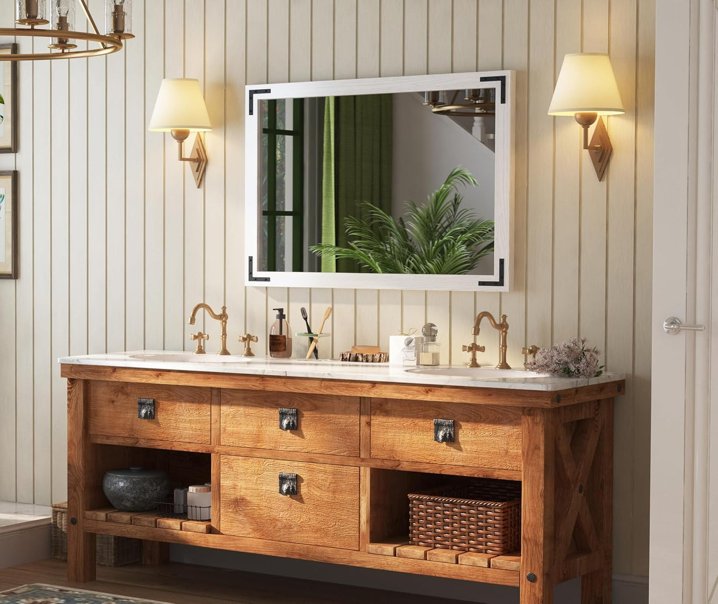 VocalStar White Wood Framed Mirror 28 x 40 Inch, Rustic Natural White Wooden Rectangle Bathroom Vanity Wall Mirror for Farmhouse Boho Decor, 1/4-inch Shatterproof Glass | Waterproof