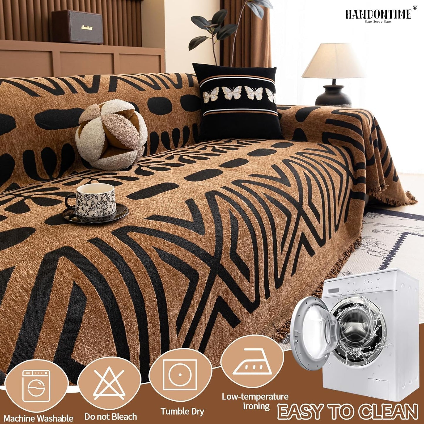 HANDONTIME Boho Couch Cover Geometric Striped Pet Covers for Couches and Sofas Copper Brown and Black Dog Cover for Couch Pet Friendly Chenille Sectional Sofa Covers for Pets Washable, 71" X 150"