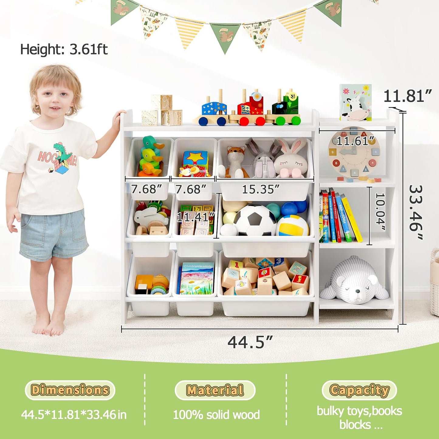 MallBest 4-Tier Kids' Toy Storage Organizer Shelf - 100% Solid Wood,Children's Storage Cabinet with 9 Plastic Bins and 3 Storage Ports(White-Single Color)