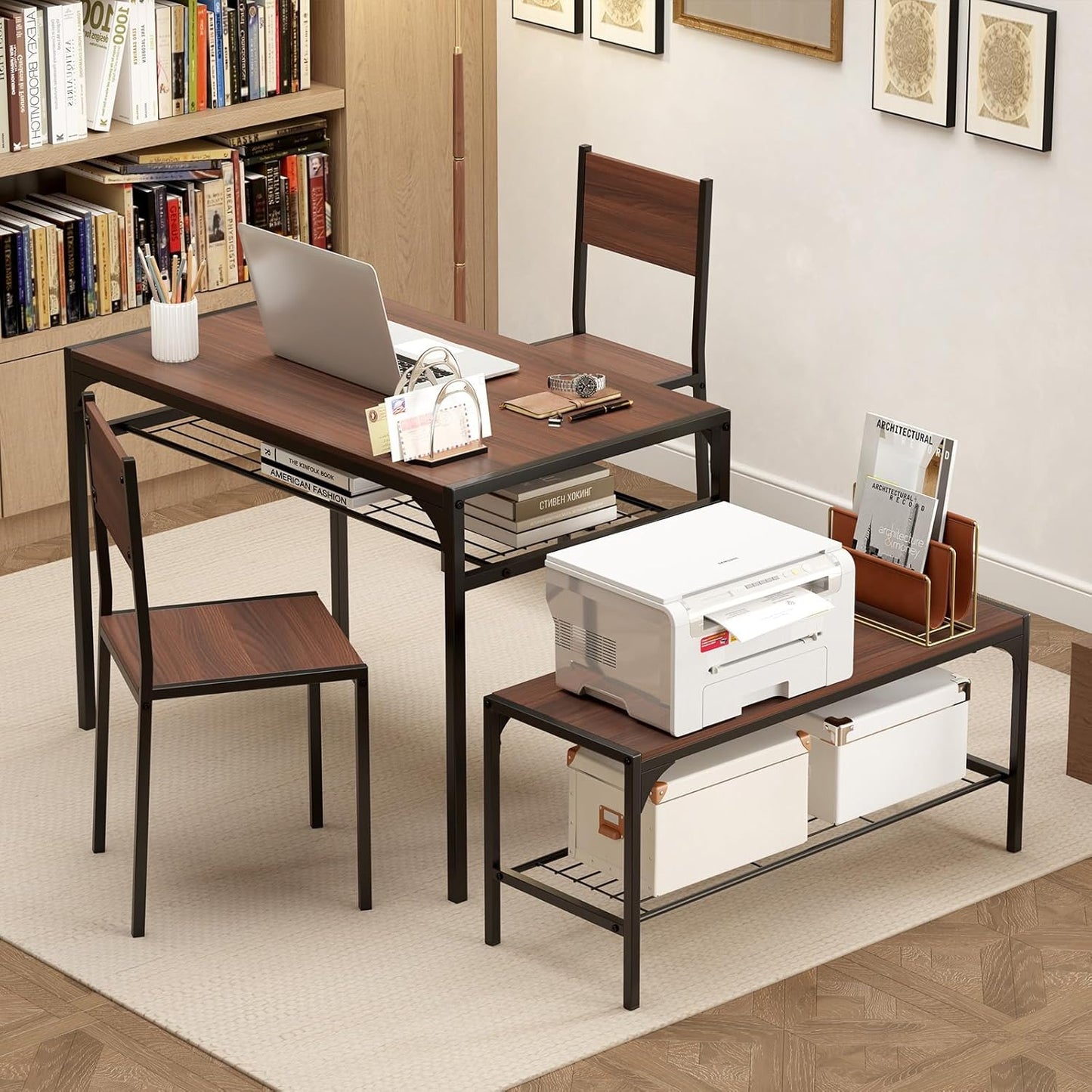 Tangkula Dining Table Set for 4, Kitchen Table and 2 Chairs for 4 with Bench, Additonal Storage Rack, 4 Piece Dining Table Set for Small Space, Apartment