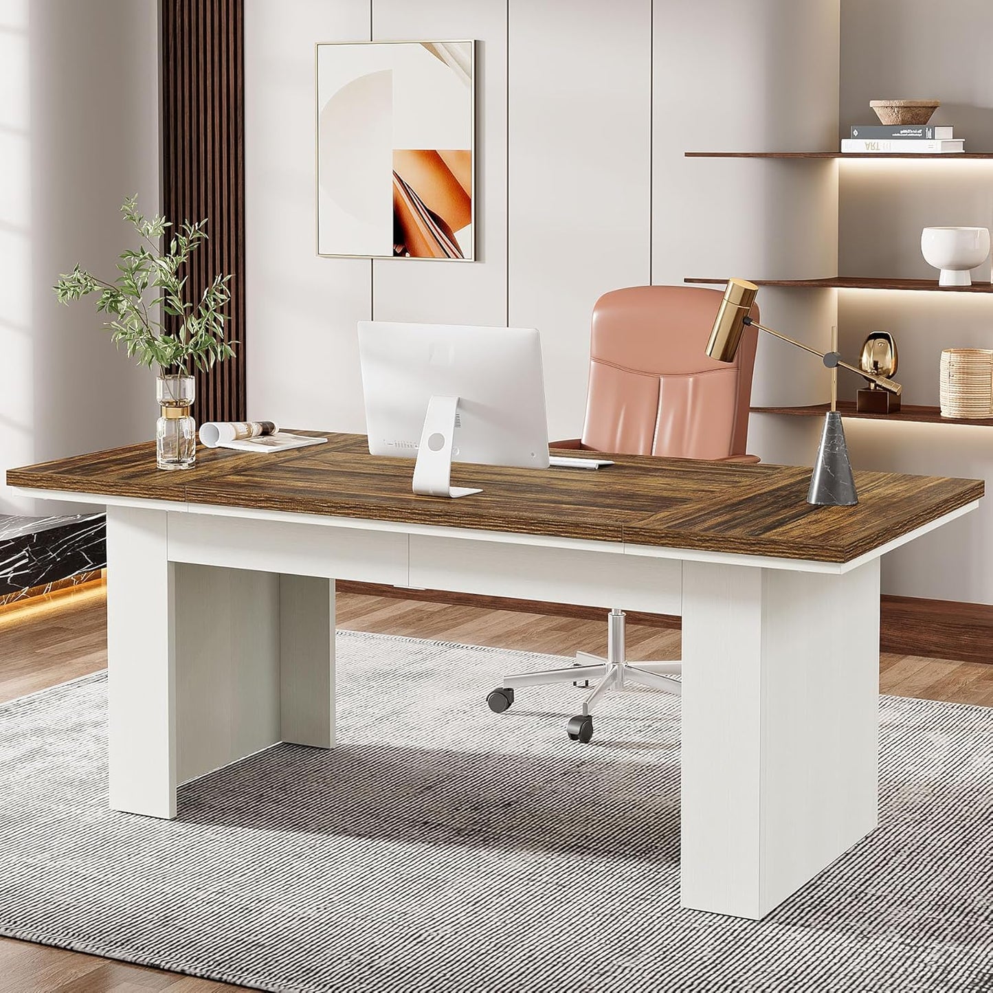 Tribesigns 63" Executive Office Desk, Modern Computer Desk for Home Office, Easy Assembly, Brown and White