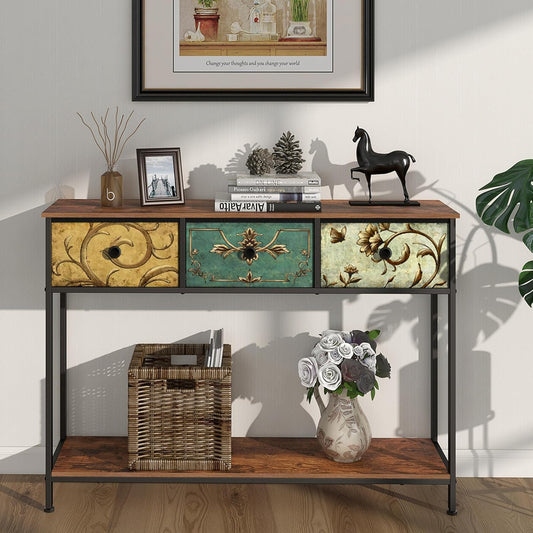 Tohomeor Entryway Console Table with 3 Retro Flowers Fabric Drawers Boho Narrow Long Behind Couch Sofa Table with Bottom Open Storage Shelf for Hallway Living Room Foyer (Rustic Brown, 3 Drawers)