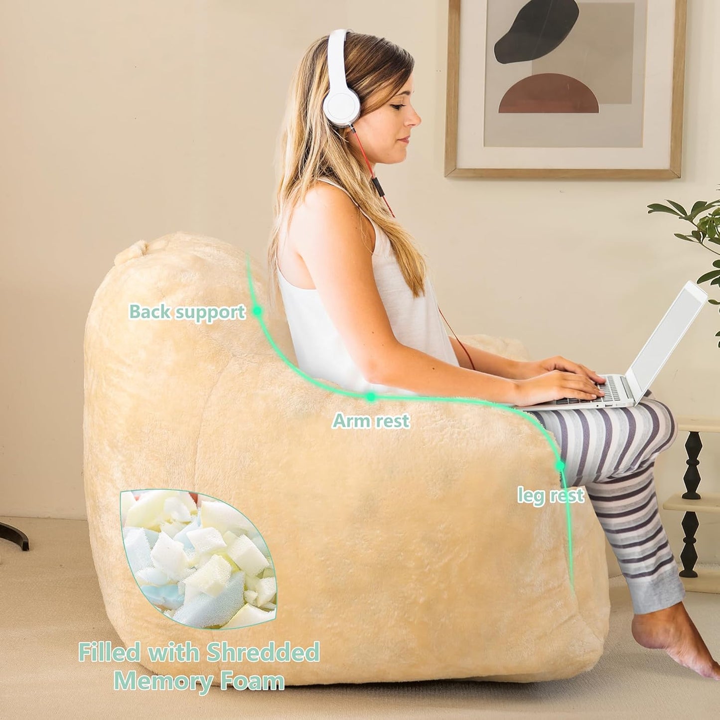 Bean Bag Sofa Chair for Adults, Beanbag Couch for Reading, Gaming, Relaxing, Soft and Durable Cover Lazy Sofa, Beige