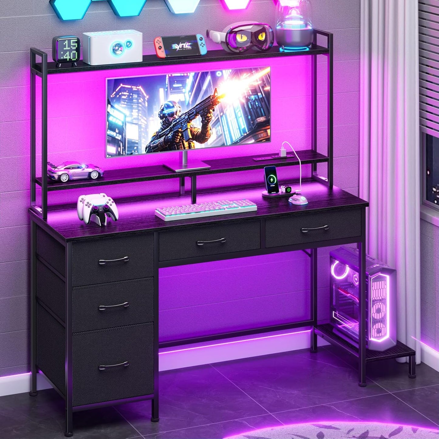 Computer Gaming Desk with Hutch, Home Office Desk with Power Outlets, LED Light, 5 Storage Drawers, 2 Tiers Shelves for Display, 47 Inch Modern Study Writing Table for Bedroom, Black