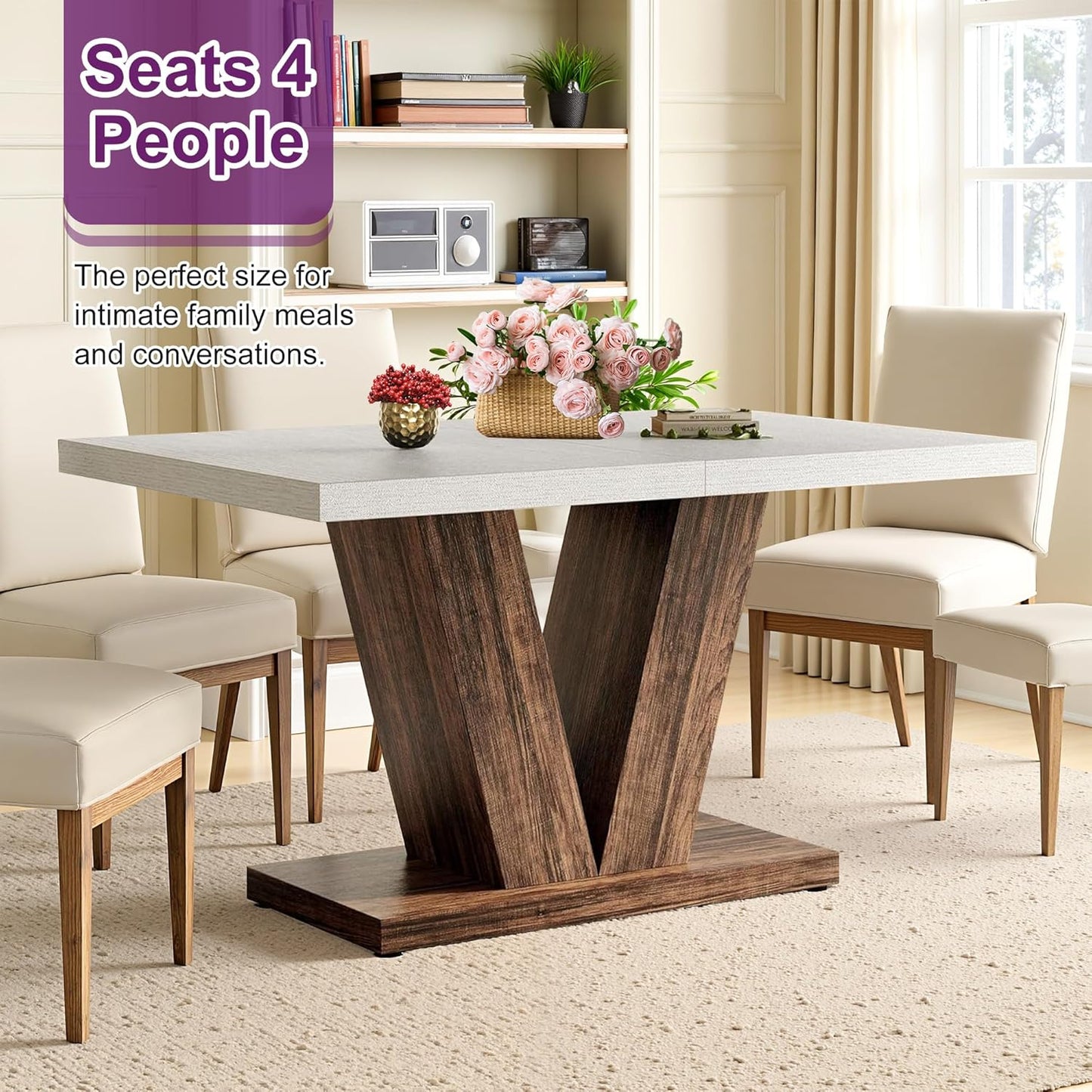 47" Dining Table, Wooden Kitchen Dinner Table Heavy Duty, Farmhouse Table for Dining Room, Living Room Space Saving, White