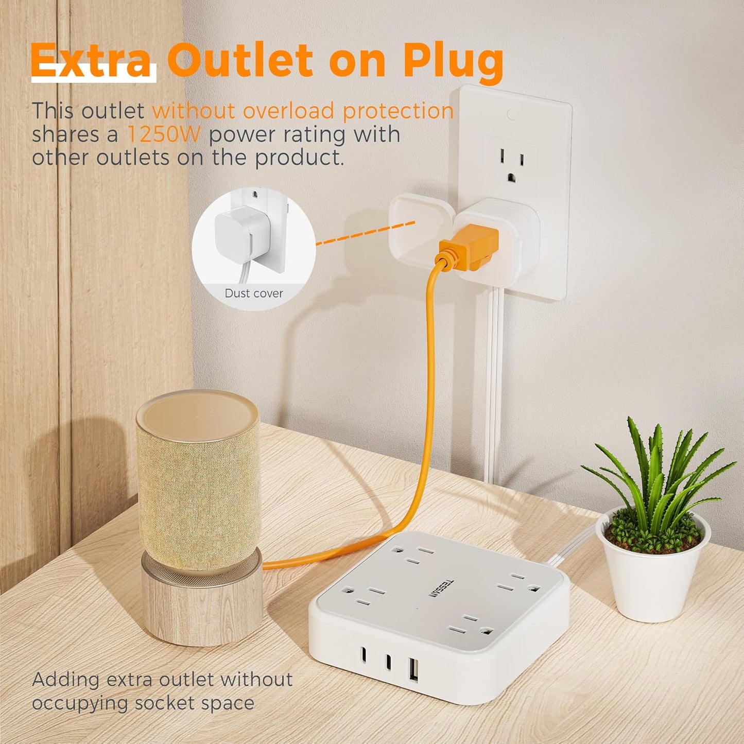 TESSAN Outlet Cover with Extra Outlet on Plug, Surge Protector Power Strip with 3 USB (2 USB C), 5 Ft Flat Extension Cord, 900 Joules Protection, Flat Plug Power Strip for Home Office Essentials