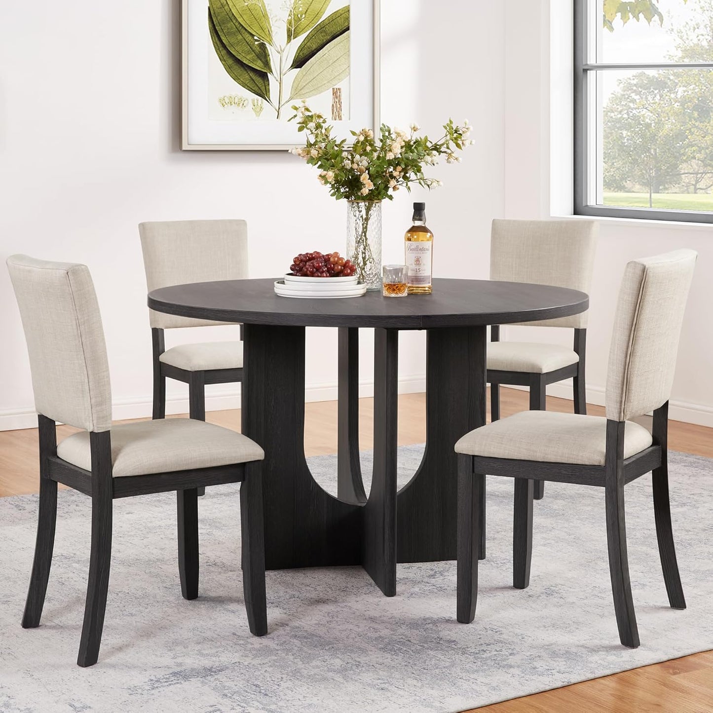 Ball & Cast 5 Piece Dining Table Set with 4 Upholstered Chairs,Wooden Living Room Furniture W/ 47.3" Round Kitchen Desk & Backrest Chair,for Small Space,Dining Room,Antique Black & Beige