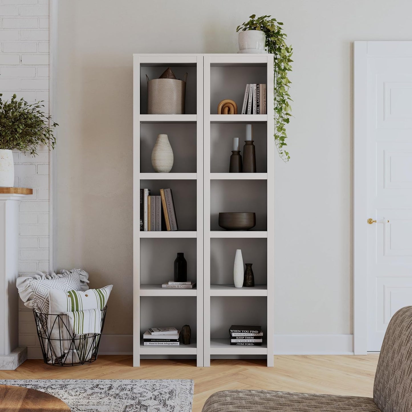 Prepac Moda 80" Tall 5-Tier Narrow Bookcase in White, Modern Storage Accent Bookshelf with 3 Adjustable Shelves for Home, Office, Living Room, Bedroom