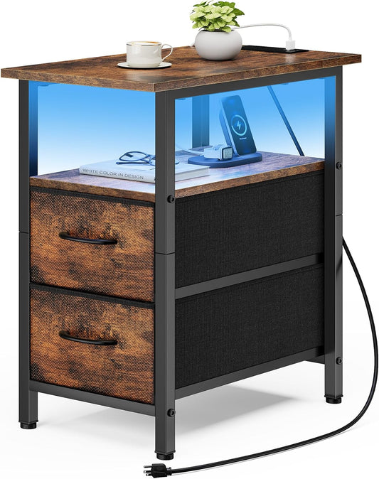 Vagusicc Nightstand with Charging Station and LED Lights, Narrow Side Table, LED Night Stand with 2 Fabric Drawers, Bedside Table with USB Ports and Outlets, Tall Nightstand for Bedroom, Rustic Brown