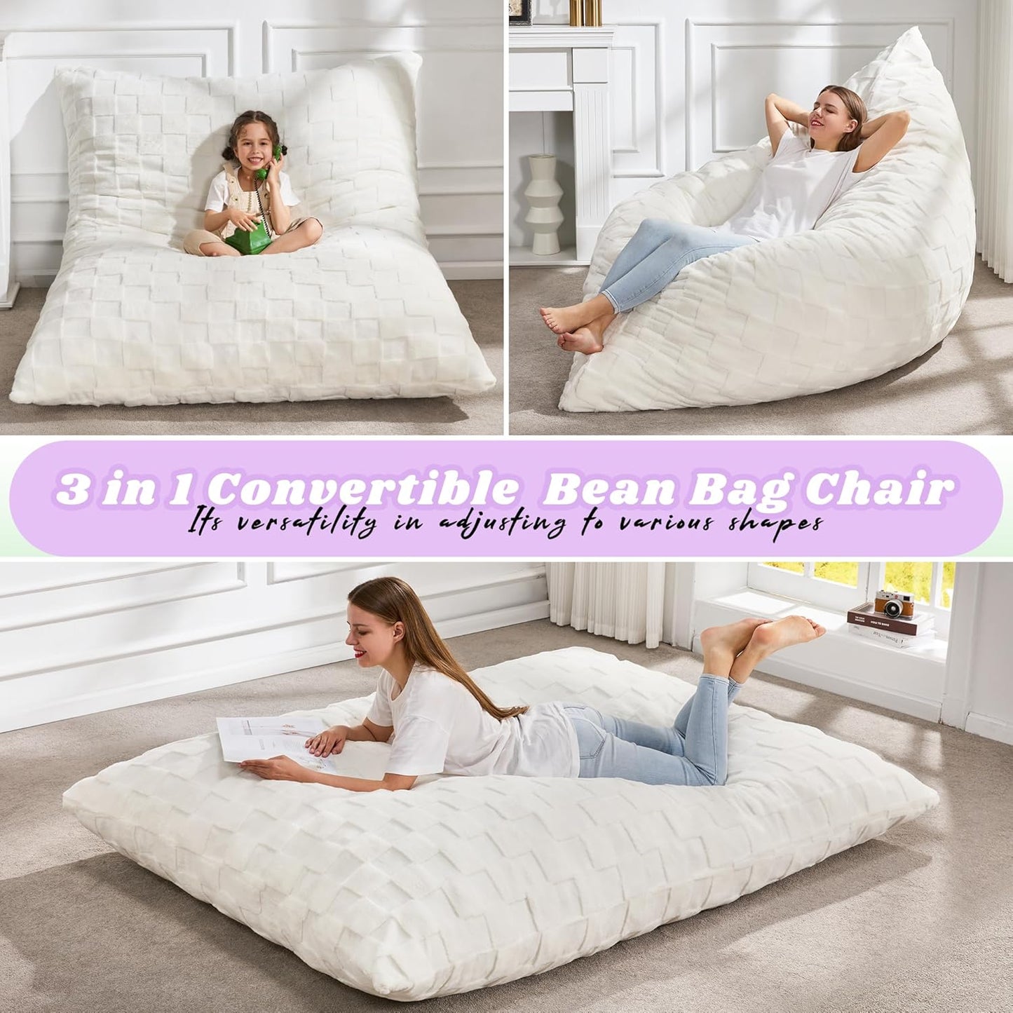 Hobestluk 3 in 1 Bean Bag Chair Giant Bean Bag Chairs for Adults with Plaid Cover Convertible Bean Bag Floor Cushion with Machine Washable Cover for Living Room (Plaid White)