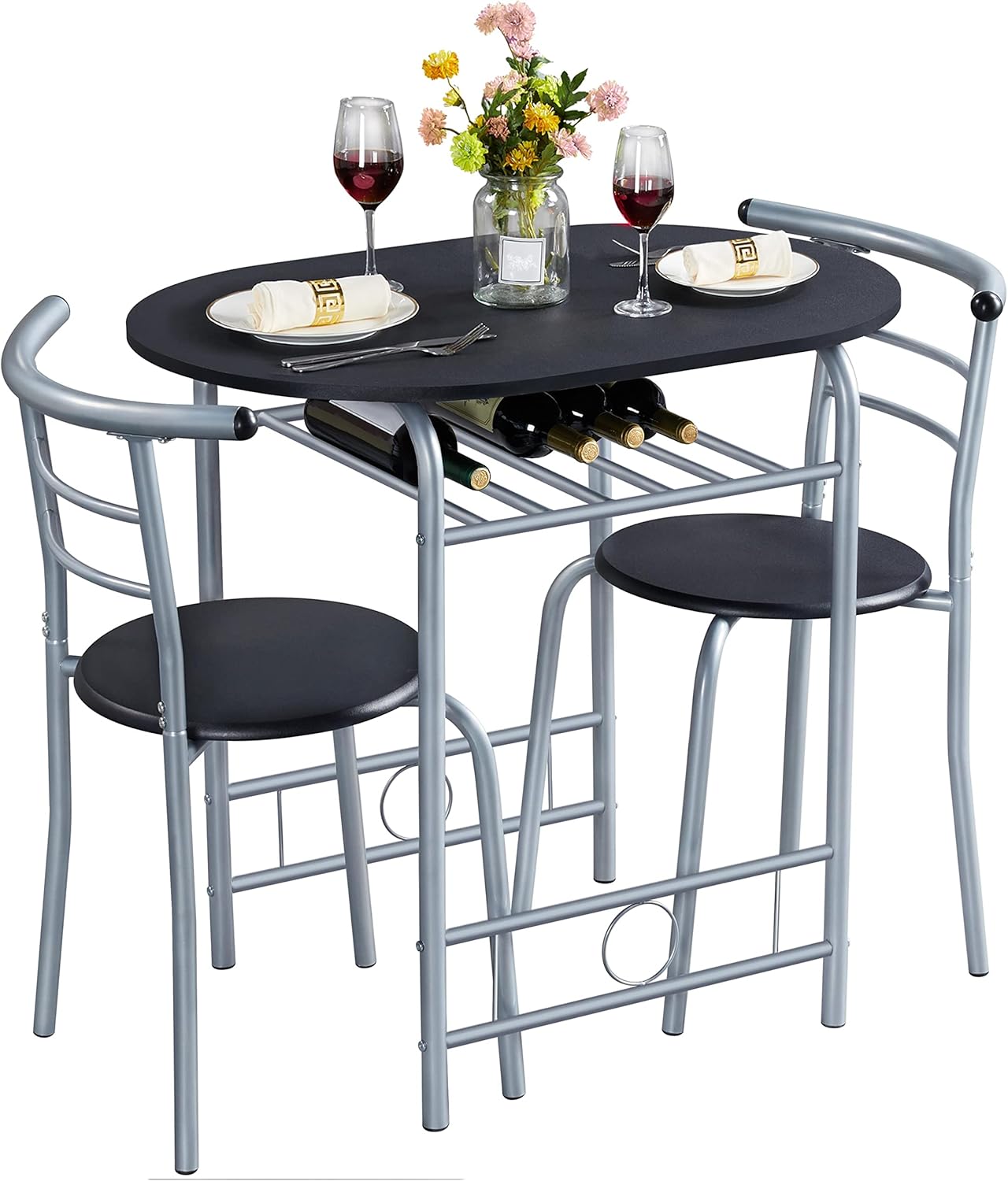 Yaheetech 3-Piece Dining Room Table Set, Kitchen Table & Chair Sets for 2, Compact Table Set w/Steel Legs, Built-in Wine Rack for Breakfast Nook, Small Space, Apartment, Black, 31.5x21x29" (LxWxH)