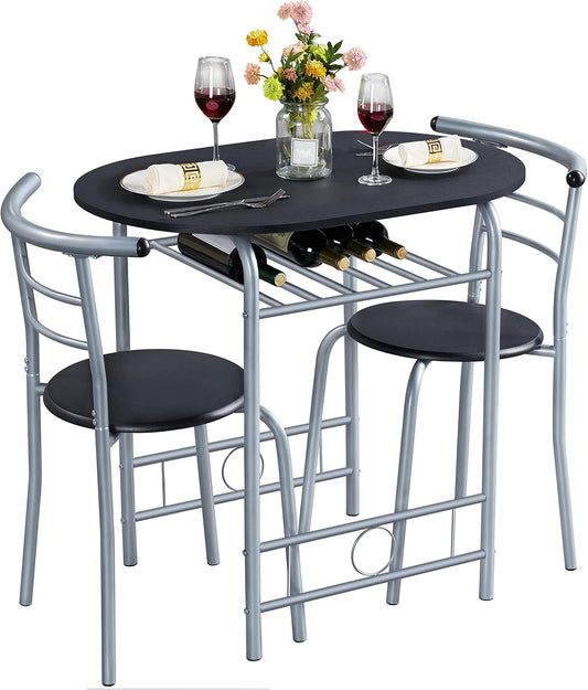 Yaheetech 3-Piece Dining Room Table Set, Kitchen Table & Chair Sets for 2, Compact Table Set w/Steel Legs, Built-in Wine Rack for Breakfast Nook, Small Space, Apartment, Black, 31.5x21x29" (LxWxH)