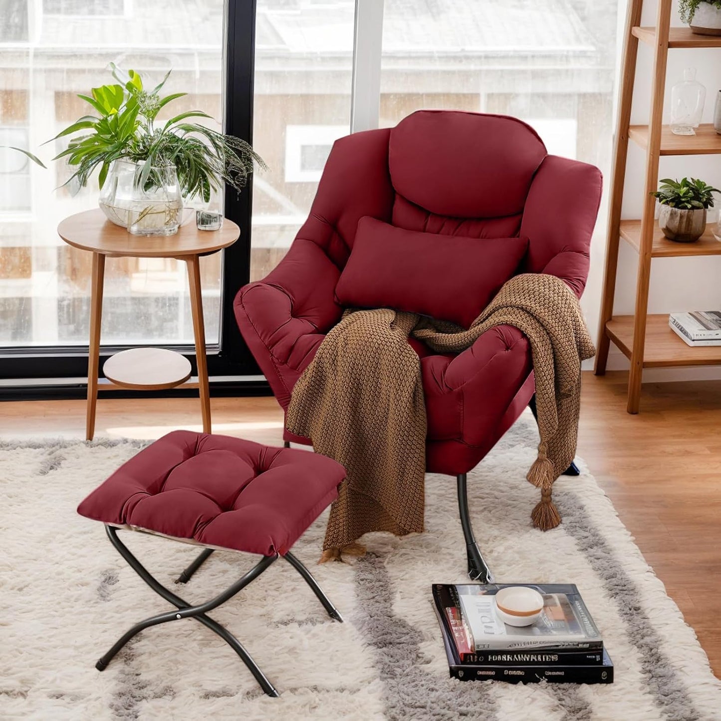 Lazy Chair with Ottoman, Comfy Fabric Accent Lounge Armchair with Lumbar Pillow and Folding Footrest, Reading Leisure Sofa Chair for Bedroom, Living Room, Dorm,Burgundy