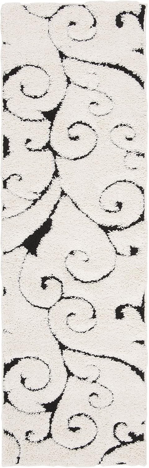 SAFAVIEH Florida Shag Collection Runner Rug - 2'3" x 7', Ivory & Black, Scroll Design, Non-Shedding & Easy Care, 1.2-inch Thick Ideal for High Traffic Areas in Living Room, Bedroom (SG455-1290)
