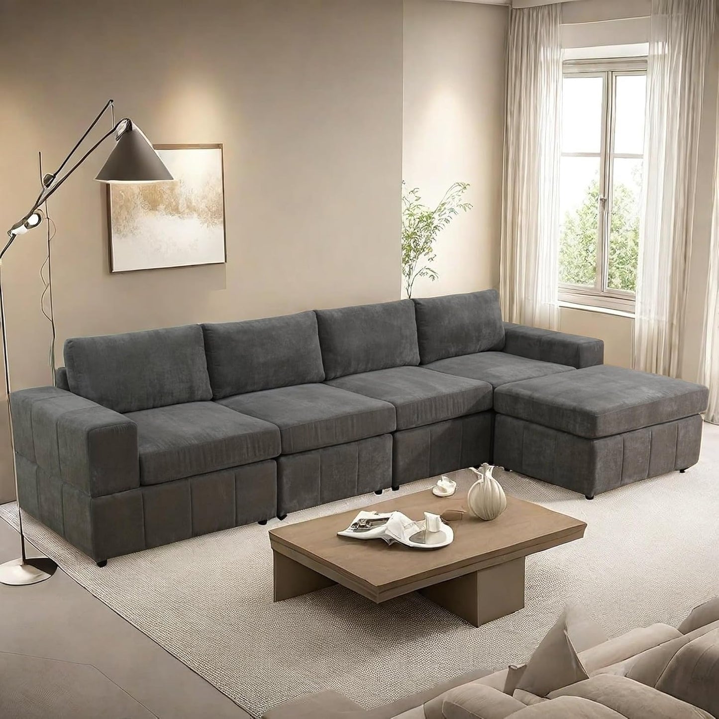 Sectional Couches for Living Room, 130″ Modular Sectional Sofa with Ottoman, Modern L Shaped Couch with Chaise for Bedroom, Brown