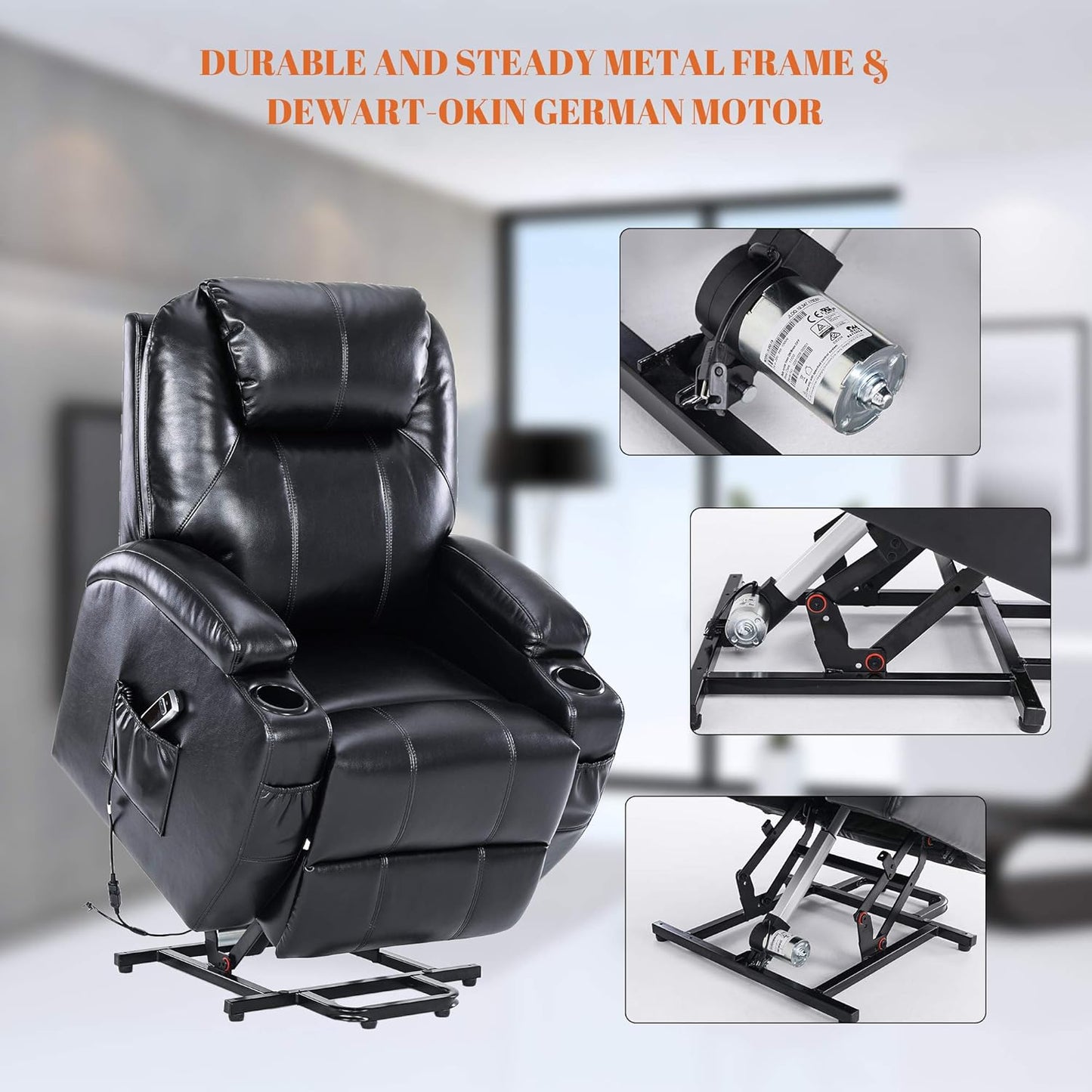S*MAX Lift Chairs Recliners for Elderly Power Recliner Chairs Full Air Leather Electric Recliner Chairs Side Pockets USB Charge Port and Remote Control Power Lift Recliners Black