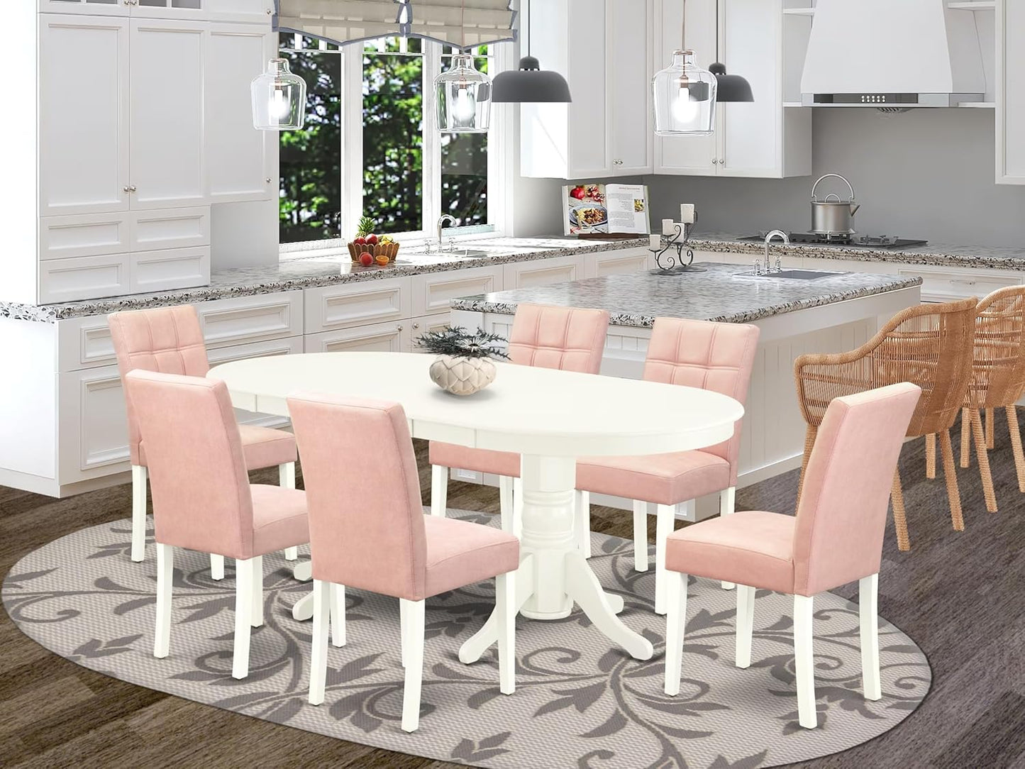 East West Furniture VAAS7-LWH-42 7 Piece Dining Table Set consists A Wooden Table and 6 Beige Red Polyester Fabric Parson Chairs with Stylish Back- Linen White Finish