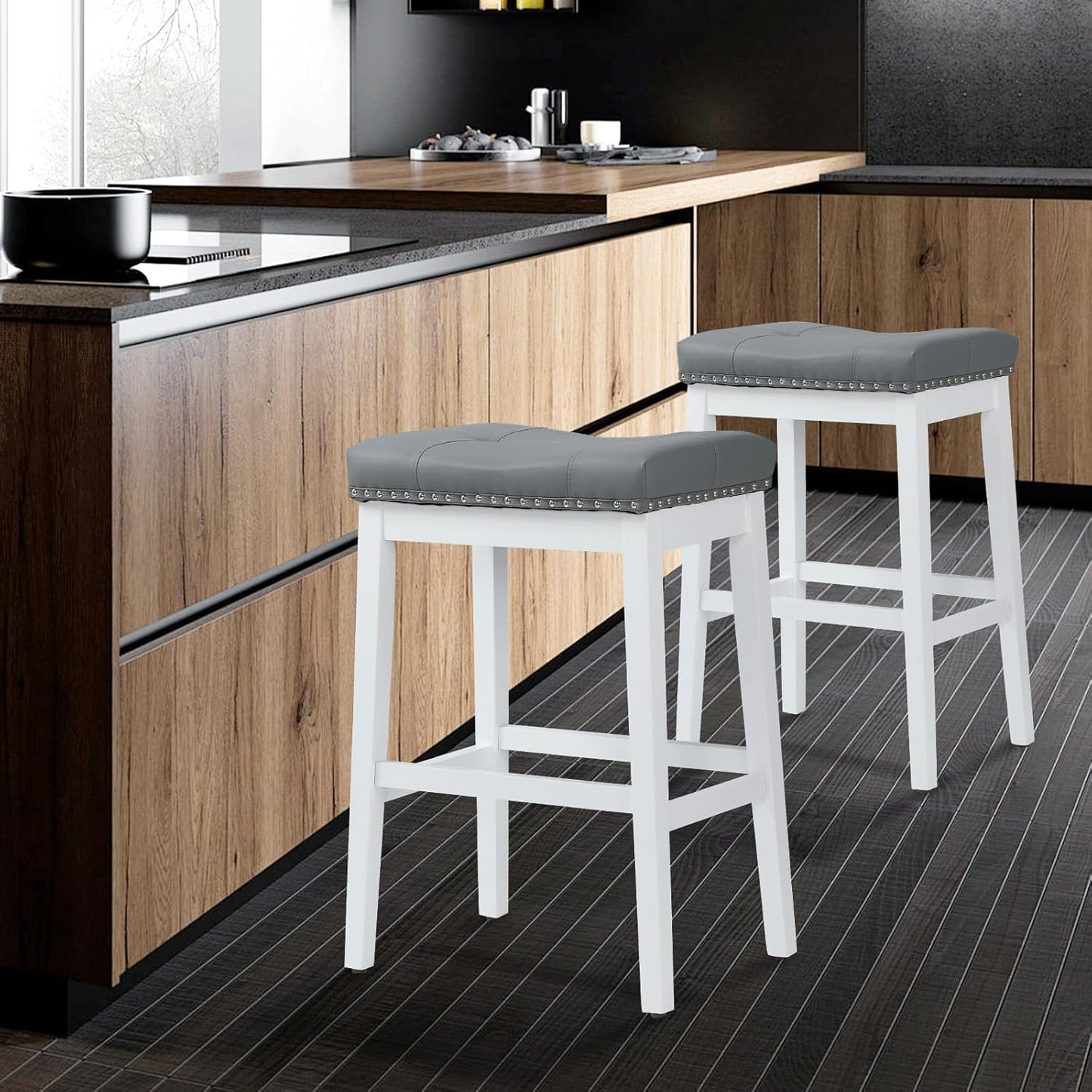 Athena Collection Counter Height Bar Stools Set of 2, 29.5 Inches Backless Saddle Bar Stools with Leather Upholstered and Nailhead Trim, Barstools for Counter, Kitchen Island, Dining Room, Grey