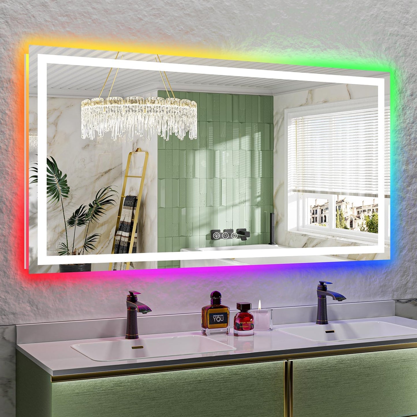68x36 Inch RGB LED Bathroom Mirror Front Light and RGB Backlit Lighted Vanity Mirror for Bathroom Wall Mounted Dimmable Anti Fog Memory Shatter-Proof IP54 Waterproof Horizontal/Vertical