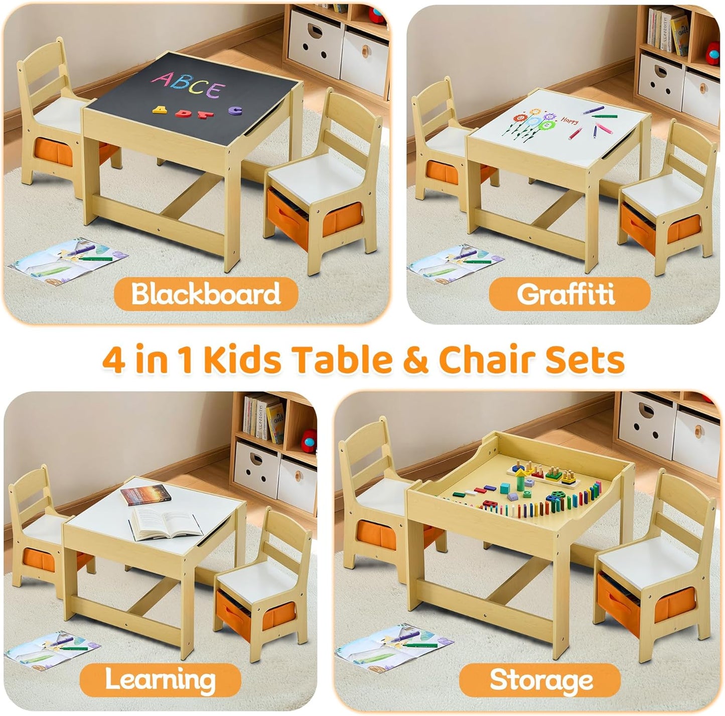 Kids Table and Chairs Set, 4 in 1 Wooden Kids Table with Reversible Tabletop, Children Activity Table with Removable Tabletop Storage, Toddler Table and Chair Set for Home, Nursery, Playroom