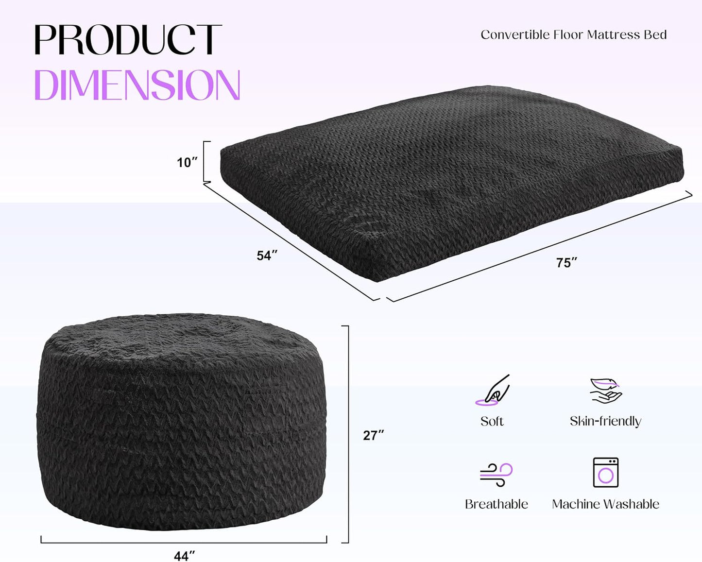 Hobestluk Bean Bag Chair Convertible Beanbag Chairs for Adults, 3 in 1 Bean Bags with Plush Chevron Cover, Adult Bean Bag Chair for Living Room, Bedroom (Black, Full)