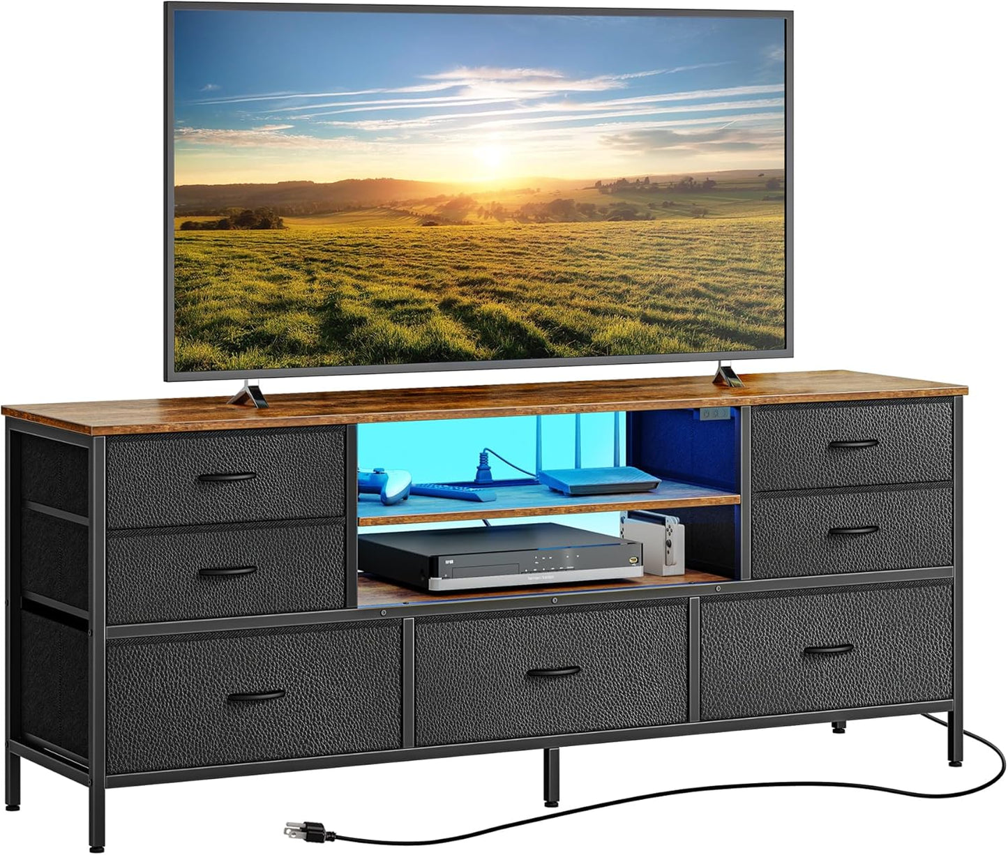 Huuger TV Stand Dresser with Power Outlets and LED Lights, 7 Drawers Entertainment Center for 60 Inch TV, TV Console with Open Shelf, 55 Inches Wide Fabric Dresser, PU Leather, Rustic Brown and Black