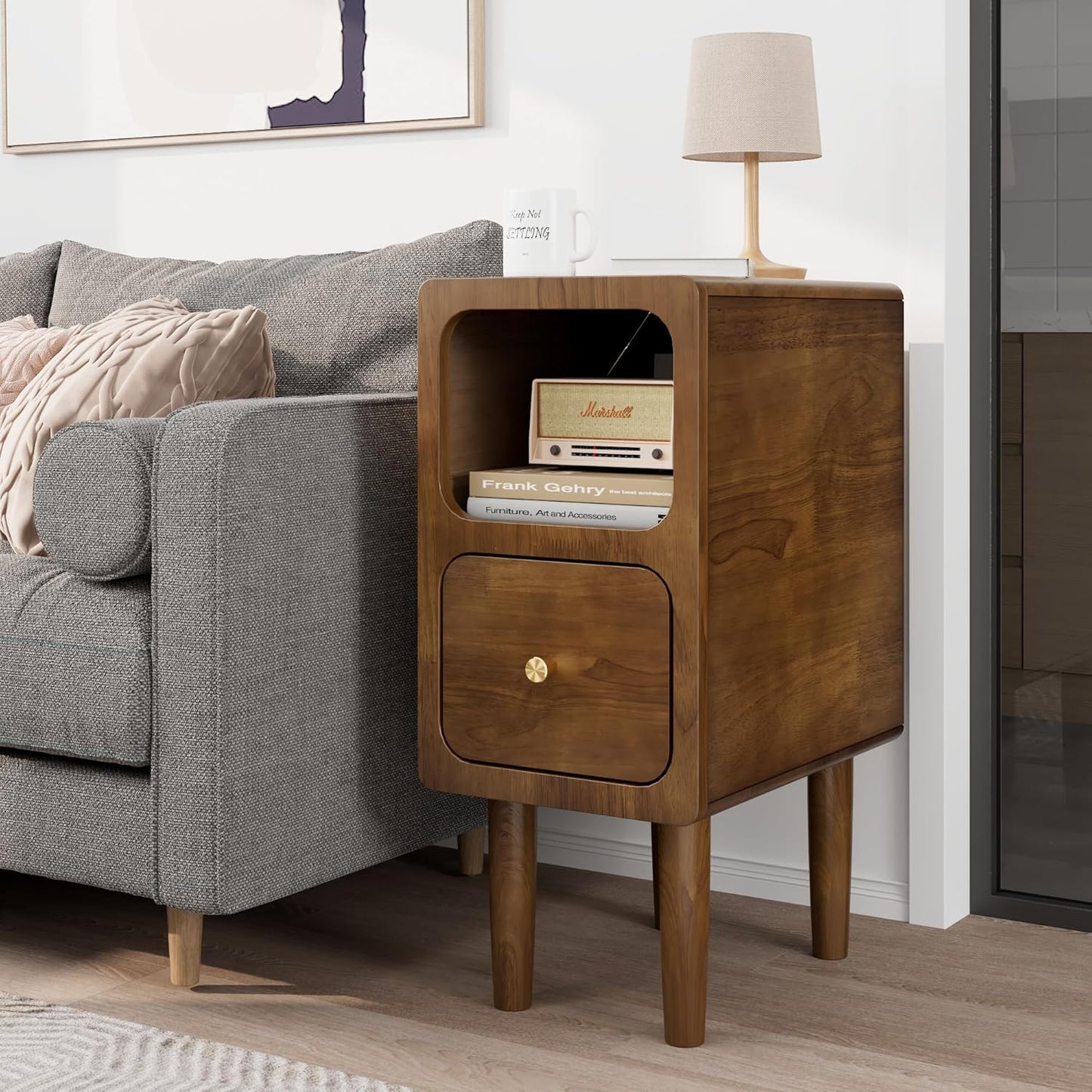 Narrow Nightstand, Solid Wood Night Stand with Drawers, Walnut Mid Century Modern Nightstand, Small Beside Table with Open Storage Shelf for Bedroom (10 inch)