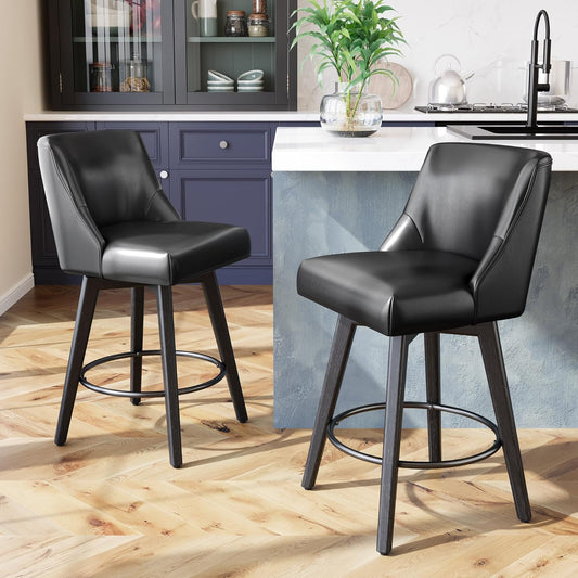 26.8 Inch Counter Height Bar Stools with Back, Swivel Bar Stools Set of 2, Modern Kitchen Barstools with Footrest, Faux Leather Upholstered Bar Chairs, Solid Wood Legs for Island, Pub, Black
