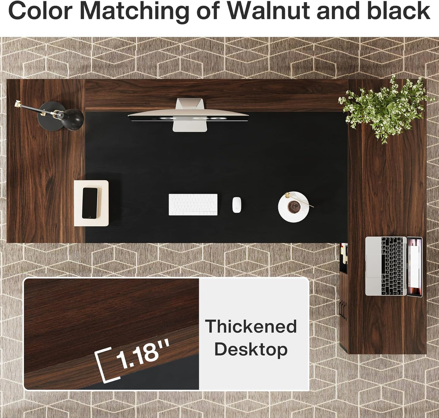 Tribesigns 78" L-Shaped Executive Desk, Large Office Desk with Drawers and Lateral File Cabinet, Business Furniture with Storage Shelves, Modern Computer Desk for Home Office, Walnut & Black