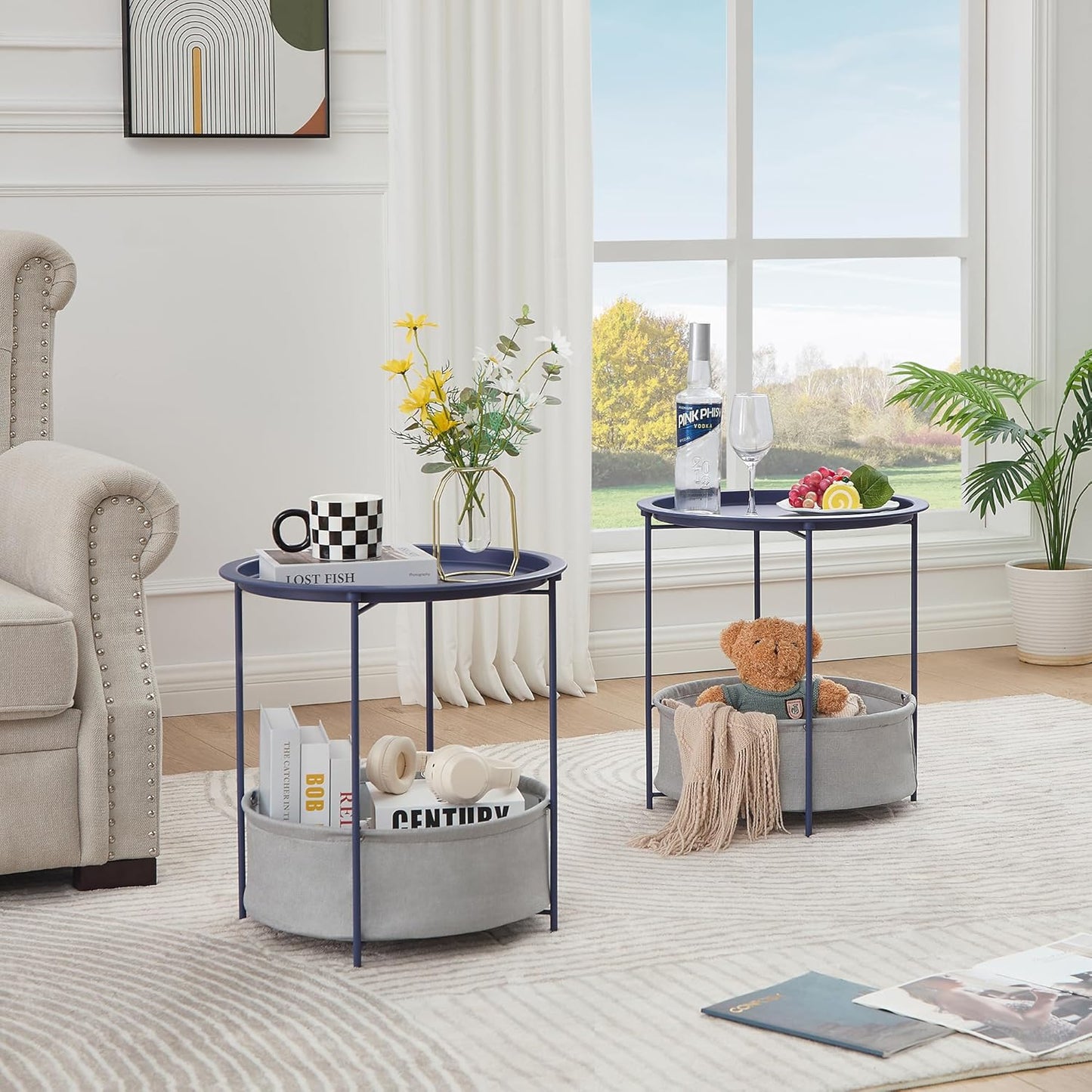 VECELO Round Side/End Table with Fabric Storage Basket，Metal Anti-Rust and Waterproof Small Bedside Nightstand with Removable Tray Top for Living Room，Balcony & Laundry，Blue /2pcs with Basket