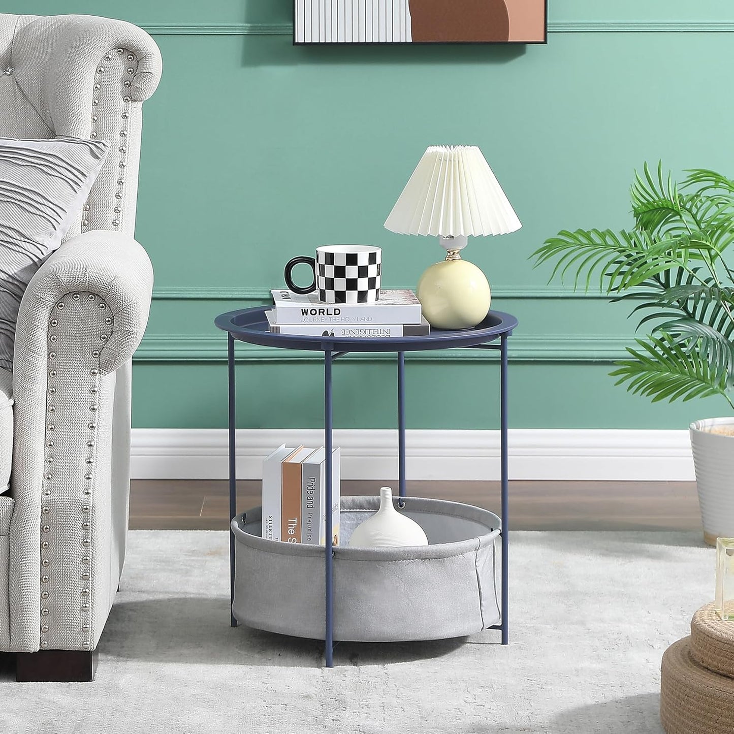 VECELO Round Side/End Table with Fabric Storage Basket，Metal Anti-Rust and Waterproof Small Bedside Nightstand with Removable Tray Top for Living Room，Balcony & Laundry，Blue /1pcs with Basket