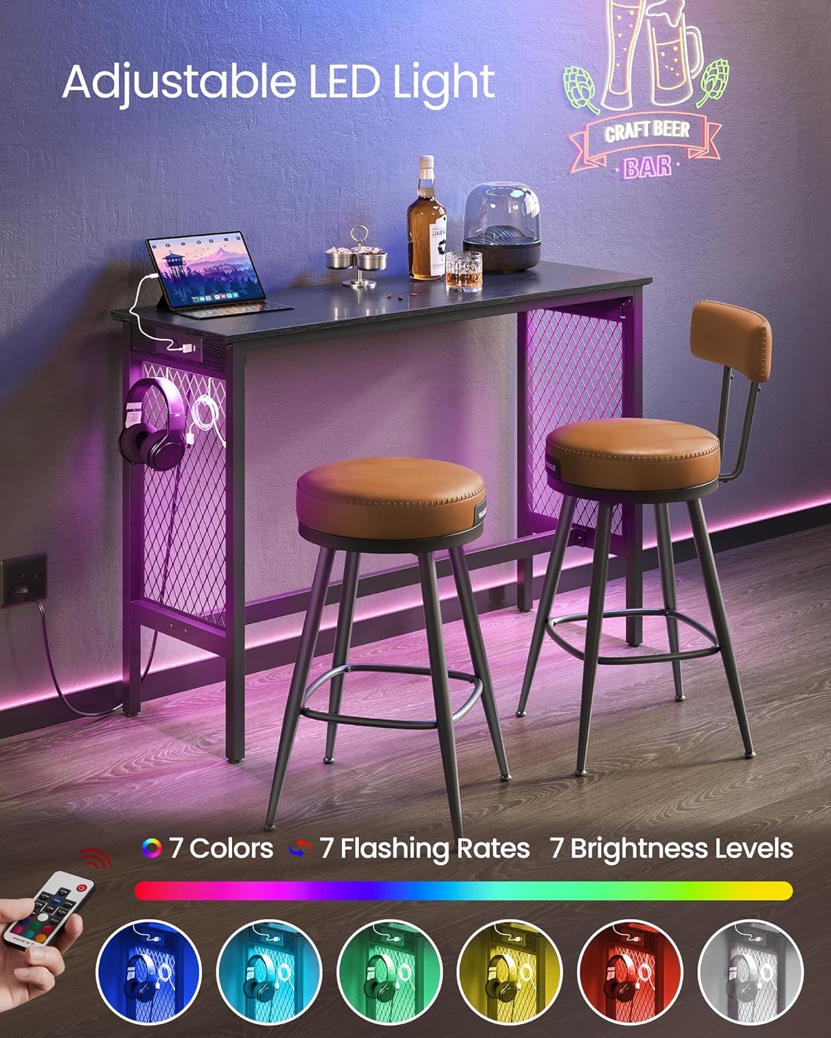 VASAGLE Bar Table with Power Outlets, 47.2 Inches LED Lights Narrow Tall Pub Table, Counter Height Console Desk, Mesh Panels and Metal Frame, for Kitchen, Entryway, Ebony Black and Matte Black